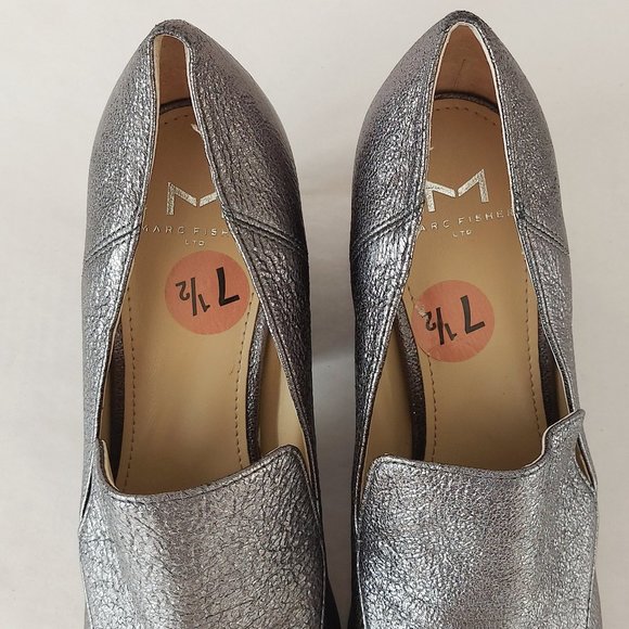 Marc Fisher Ltd Metallic Pumps Leather Square toe Block Heels Marlo Gray Shoes - Picture 7 of 11